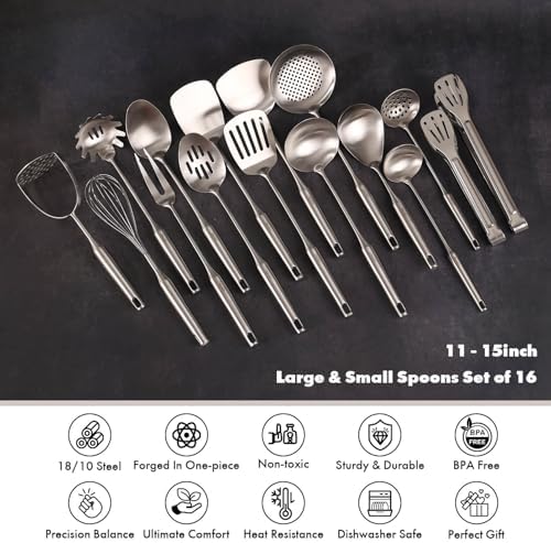 18/10 Stainless Steel Small & Large Cooking Spoons Set - All Metal Utensils - Image 3