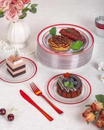 Goodluck 700 Pcs Red Plates and Napkins Party Supplies, Clear Plastic Plate - Image 3