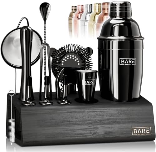 BARE BARREL® Mixology Bartender Kit Bar Set | 14-Piece Cocktail Shaker Set | Martini Barware Mixing Tools for Home Bartending | Incl. 35 Recipe Cards | Gift Set (24oz Cobbler Shaker, Jet Black/Black) by BareBarrel