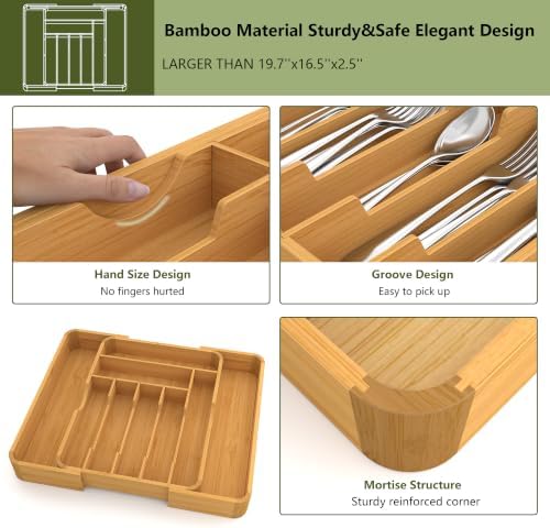 Suli Extra Large Silverware Drawer Organizer,Expand 12.6in to 19.7in,Bamboo - Image 7