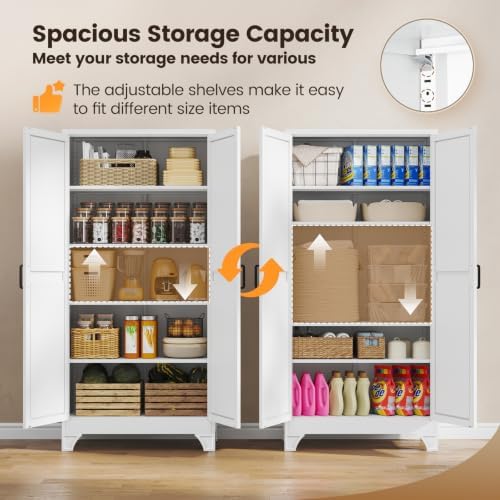 Yizosh 75" White Metal Pantry Storage Cabinet,Garage Tool Storage Cabinets - Image 5