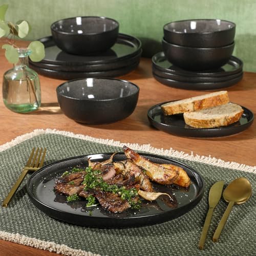 Gibson Elite Tahoe Sunset 12 Piece Stoneware Reactive Glaze (Service for 4) Ceramic Plates and Bowls Dinnerware Set - Black - Image 5