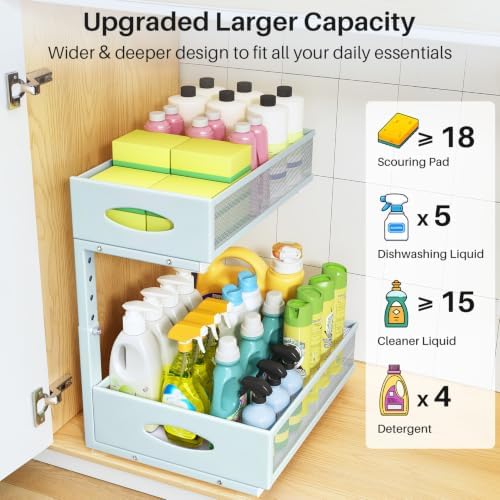 Under Sink Organizer, 2 Pack 2 Tier Pull Out Under Cabinet Organizer Shelf with Pad for Framed Cabinets, Metal Slide Out Under Sink Storage, Mesh Sliding Drawers for Kitchen Bathroom Laundry, Blue - Image 3