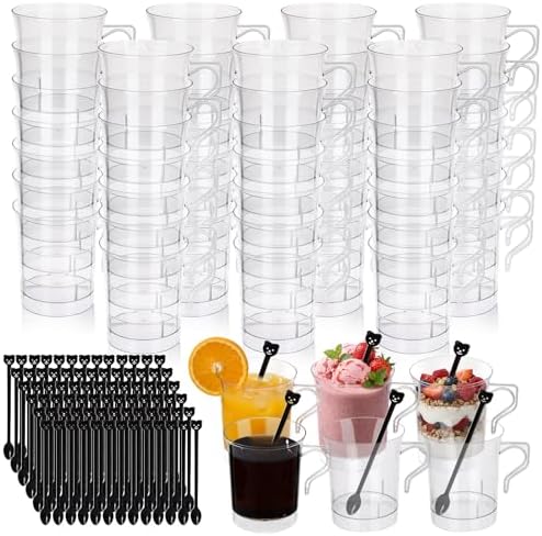 100 Pcs Plastic Coffee Cups Mugs with Handle Spoon 8 oz Tea Cup Bulk, Clear by Unknown