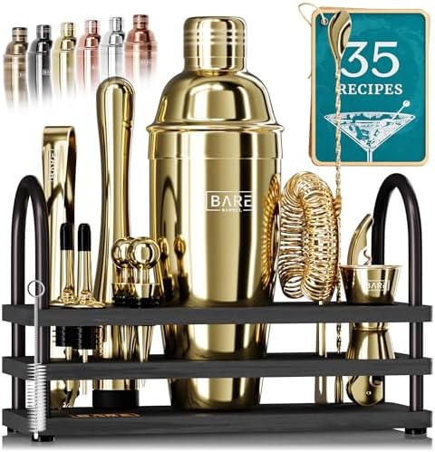 BARE BARREL® Mixology Bartender Kit Bar Set | 14-Piece Cocktail Shaker Set | Martini Barware Mixing Tools for Home Bartending | 35 Recipe Cards | Gift Set (24oz Cobbler Shaker, Gold/Black) by BareBarrel