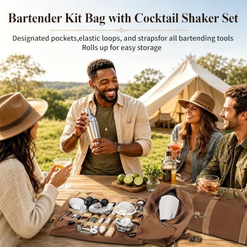 Portable Bartender Kit with Canvas Roll-Up Bag, Complete Cocktail Shaker Set & Stainless Steel Bar Tools for Home Bar, Camping, Parties and Travel - Image 2