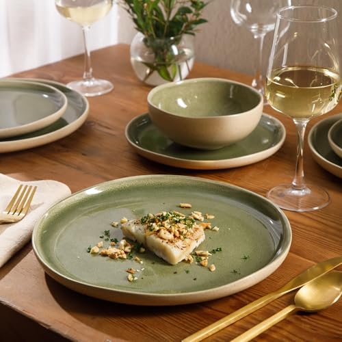 Gibson Elite Manila Bay 12-Piece Stoneware Dinnerware Set, Service for 4, Reactive Glaze Modern Artisan Plates, Bowls & Mugs, Green, Round Design - Image 2