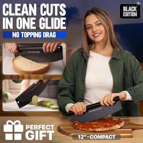 12-Inch Pizza Cutter Rocker Blade, 304 Stainless Steel Slicer Knife, Black - Image 2