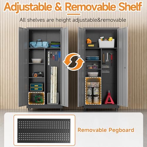 Metal Garage Storage Cabinet with 2 Doors, Adjustable Rolling Tool Storage Cabinet with Lock, 71" Steel Locking Broom Closet with Wheels and Shelves for Garage, Warehouse(Black&Gray, 71" H) - Image 5