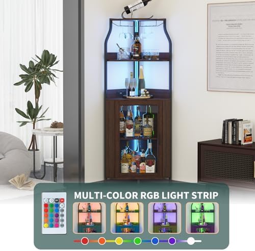 Garvee Corner Wine Bar Cabinet,5-Tier Farmhouse Corner Liquor Storage Cabinet with Barn Door,Glass Rack,Adjustable Shelves,Home Bar Storage for Dining Room,Kitchen,Living Room Rustic Brown - Image 5