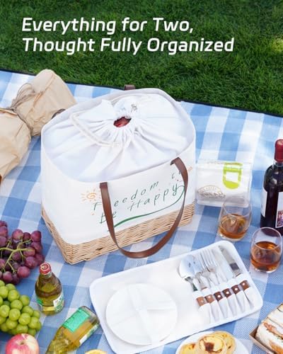 Wicker Picnic Basket for 2 Person, Folding Picnic Set, Natural - Image 6