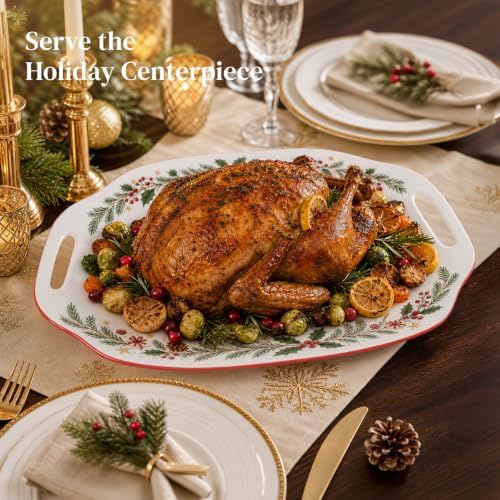 DOWAN Christmas Serving Tray with Handles - 16.5 Inch Large Ceramic Platter for Turkey, Ham & Party Food, Rectangular Serving Dish for Holiday Entertaining - Oven & Dishwasher Safe - Image 2