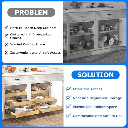 WelFurGeer 3-Tier Pull Out Cabinet Organizer with Soft Close, Heavy-Duty Pull Out Drawers for Cabinets, Slide Out Shelf for Kitchen, Pantry, Bathroom & Under Sink, Solid Birch Wood - Image 3