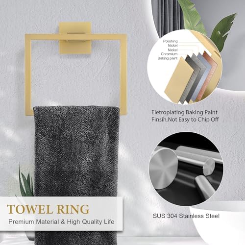 6-Piece Bathroom Hardware Set 23.6 Inch Gold Towel Bar Set Double Towel Bar Towel Ring Coat Hook and Toilet Paper Holder with Shelf Wall Mounted Stainless Steel Bathroom Accessories Set - Image 4