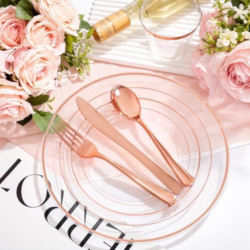 bUCLA 150PCS Clear Rose Gold Disposable Dinnerware set - Rose Gold Plastic Plates Include 25 Dinner / 25 Dessert Plates, 25 Knives, 25 Forks, 25 Spoons, 25 Cups for Party & Wedding - Image 3