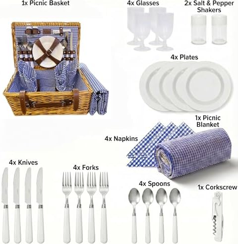 Multifunctional Wicker Picnic Basket Set for 4 Adults with Blue Blankets - Image 5