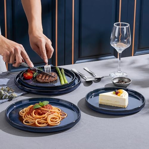 LIANYU Dinnerware Sets with Pasta Bowls, 8 Piece Ribbed Plates and Bowls for 2, Modern Ceramic Stoneware Dishes for Kitchen Dining, Microwave and Dishwasher Safe, Twilight Blue - Image 4