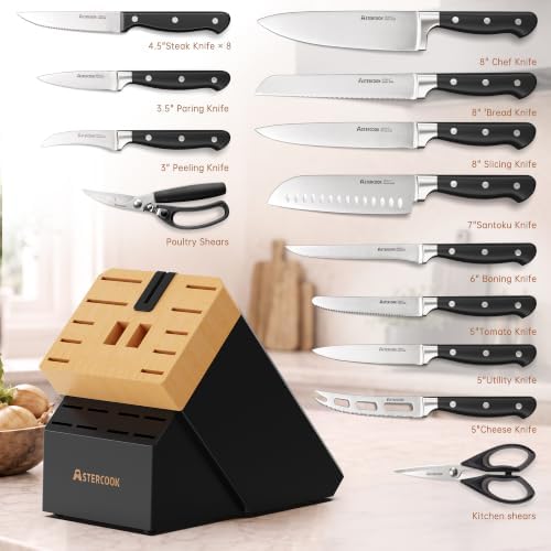 Knife Set,Astercook Kitchen Knife Set with Block 22-Piece Full Tang Stainless Steel Knives with Sharpener Dishwasher Safe and Anti-Slip Ergonomic Handle Elegant Black Utensils Set - Image 7