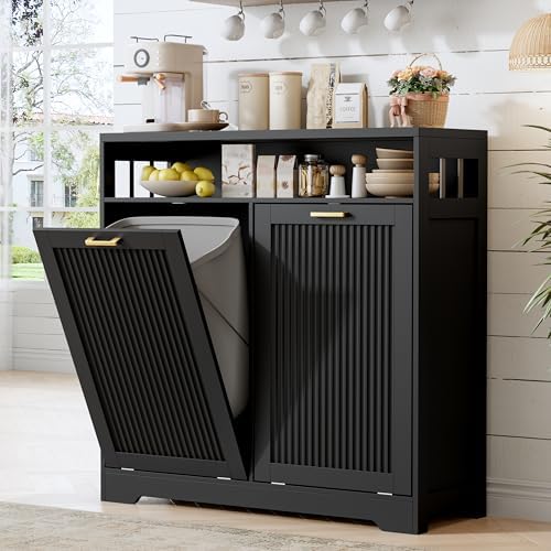 13 Gallon Double Tilt Out Trash Can Cabinet with Open Shelf & Storage - Pet Proof Hidden Recycling Cabinet & Wooden Laundry Hamper for Kitchen, Bathroom, Living Room, Black by JMHDYG