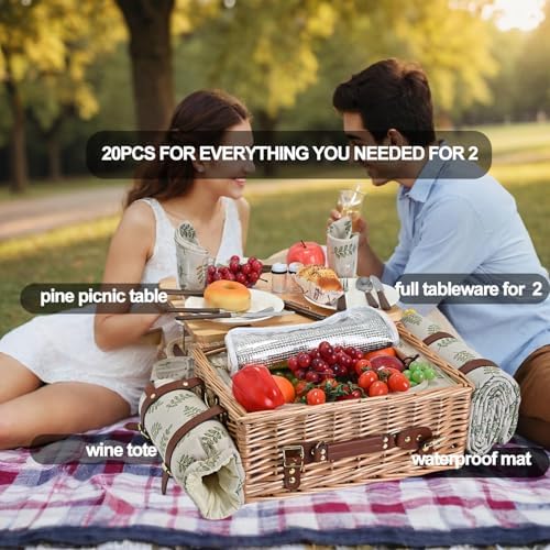 Multifunctional Wicker Picnic Basket Set for 2 with Blanket and Picnic Table, Insulated Picnic Set with Full Tablewares for Camping Outdoor Couples,Leaf - Image 6