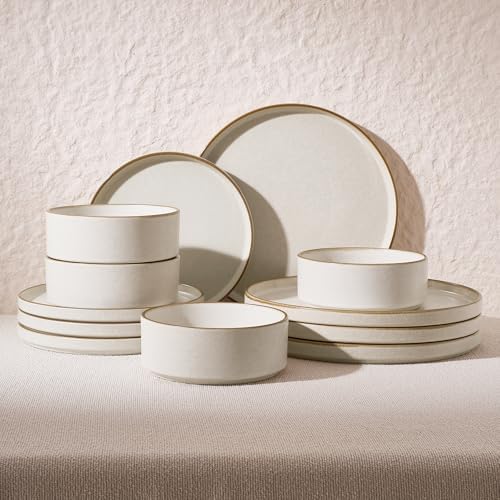 Famiware Nebula 12-Piece Dinnerware Set, Matte Beige White with Brown Rim by Famiware