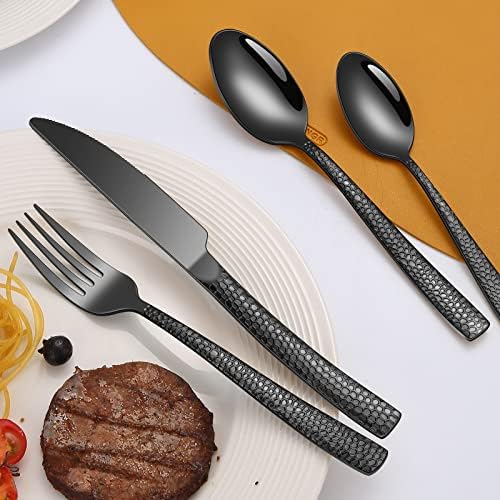 20-Piece Silverware Set, Black Hammered Stainless Steel Flatware for 4, Food-Grade Tableware, Including Fork, Knife, Spoon Set, Home Kitchen Cutlery, Dishwasher Safe - Image 4