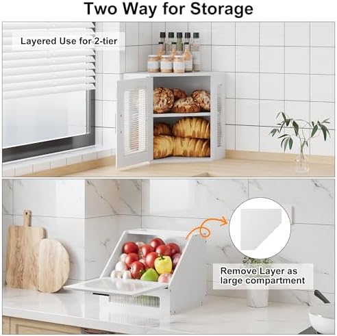 TQVAI Corner Bread Box for Kitchen Countertop, Solid Wood Double Layer Large Storage Container with Adjustable Shelves, Farmhouse Acrylic Window Design, White - Image 5