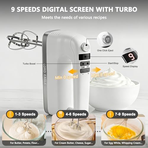 Lord Eagle 9-Speed Digital Hand Mixer Electric Handheld, 500W DC Motor - Image 2