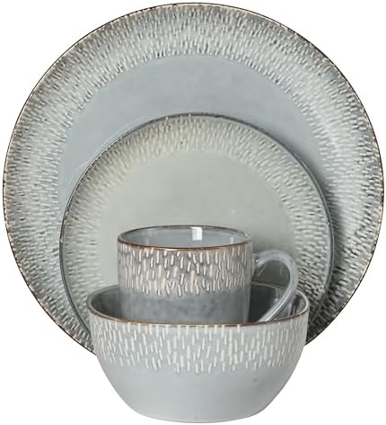 Gibson Elite Jasper 16 Piece Plates and Bowls Reactive Glaze Dishes Stoneware Ceramic Dinnerware Set - Service for 4 - Grey - Image 7
