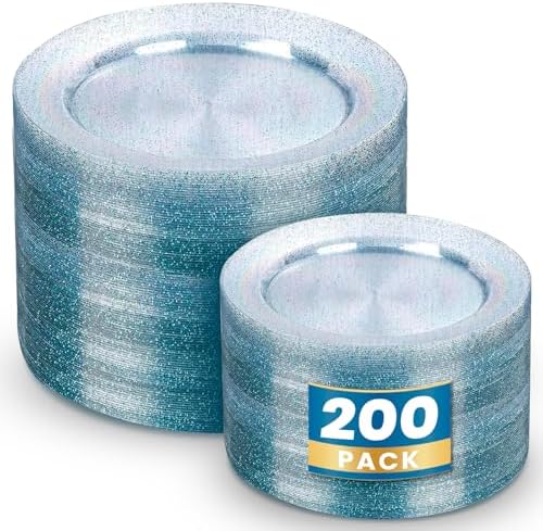 WDF 200PCS Blue Plastic Plates - Blue Glitter Plastic Plates - Heavy Duty Disposable Plates - Include 100 Dinner Plates 10" and 100 Dessert Plates 7" for Parties/Wedding/Birthday by WDF
