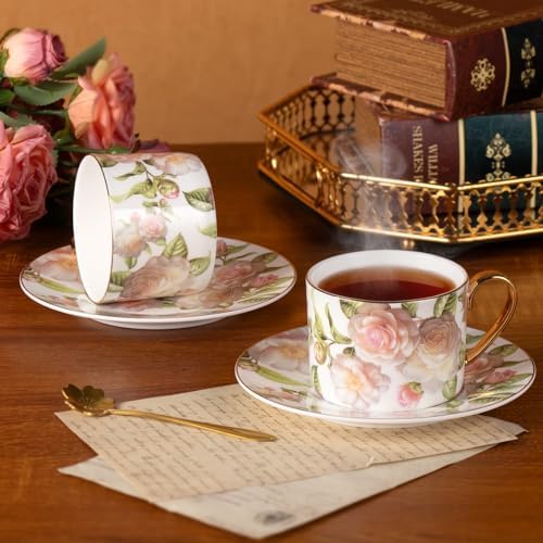 KAMMAK Tea Cups and Saucers Set of 2, Porcelain Coffee Cups, JBE027 - Image 7