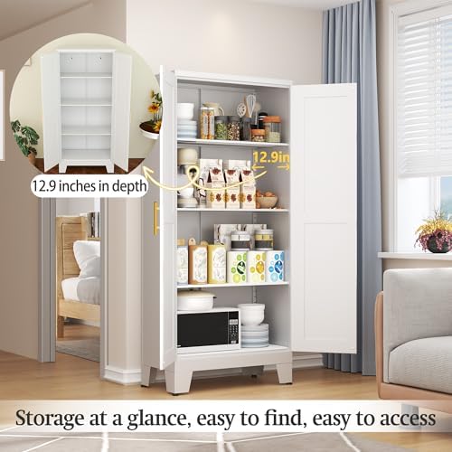 White Metal Storage Cabinet, 61" Kitchen Pantry Cabinets for Office - Image 4
