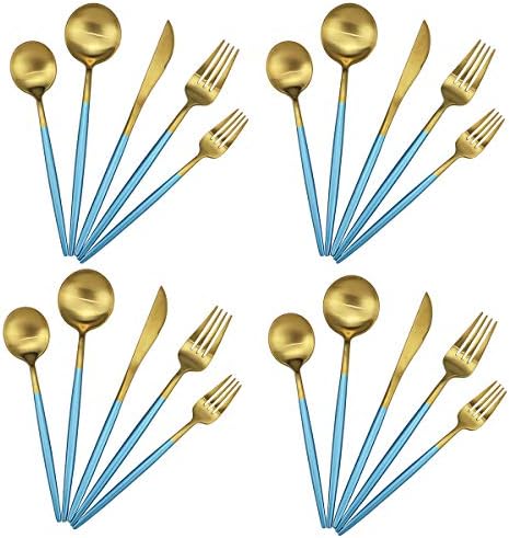 20-Piece 18/10 Stainless Steel Flatware Silverware, Luxury Dinnerware Set Travel Cutlery Tableware Include Knife Fork Spoon Service for 4, Dishwasher Safe (Blue Handle Matte Gold) by Gugrida