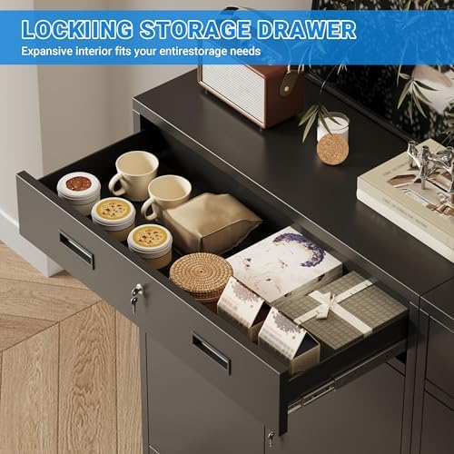 BESFUR Metal Storage Cabinet with Doors and Shelves, 36" H Locking Storage Cabinet with 1 Drawers, Reinforced Heavy Duty Metal Cabinets for Garage, Office, Home(Black) - Image 4