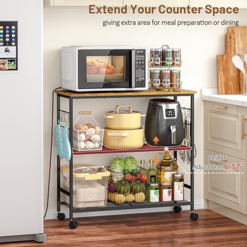 3 Tier Rolling Kitchen Microwave Cart, 33 Inch Microwave Table Stand with Adjustable Shelf, Kitchen Storage Island Utility Cart on Lockable Wheels, Bakers Rack Coffee Bar for Living Room, Office - Image 3