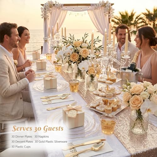 KIRE 210Pcs Clear Plastic Plates with Gold Rim for Wedding/Party - Image 2