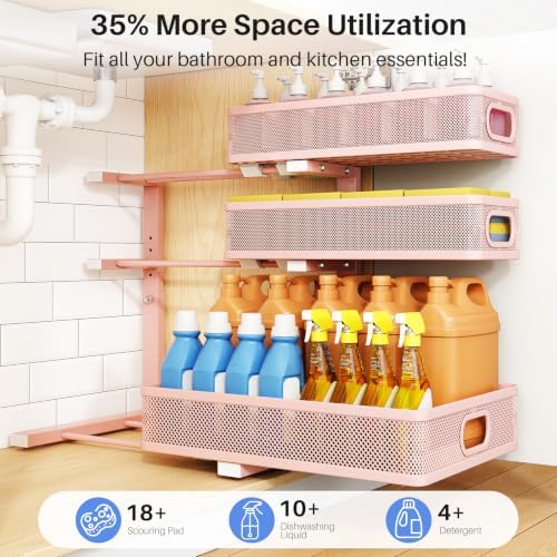 Under Sink Organizer, 3-Tier Thickened Metal Pull out Cabinet Organizer Shelf, Height Adjustable Slide out Storage Drawer Rack for Kitchen Bathroom Pantry Laundry Home Organization, 2-Pack, Pink - Image 4