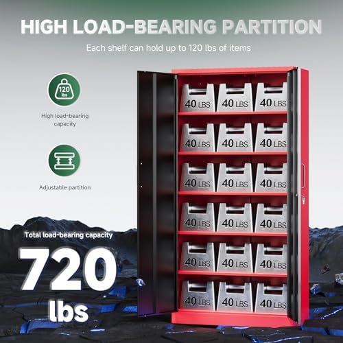 Letaya Metal Garage Storage Cabinets with Lock, 72" Tall Locker Organizer Steel Tool Cabinets,5 Adjustable Shelves 2 Doors for Home Office, Warehouse,Garage,Industrial,Employee (Black Red) - Image 6