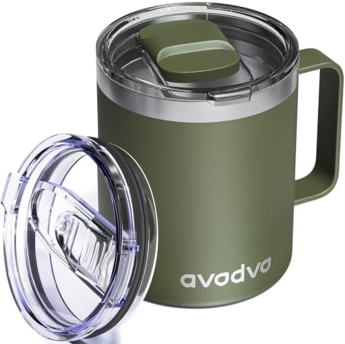 12oz Insulated Coffee Mug with 2 Lids & Handle, Stainless Steel Cup by avodvo