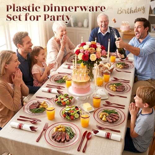 350PCS Clear Red Plastic Plates Dinnerware Sets for 50 Guests - Image 5