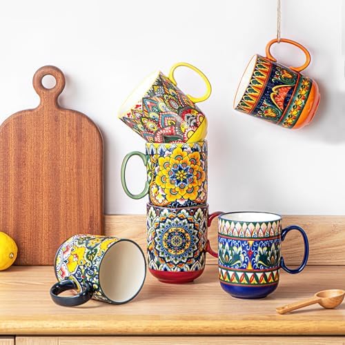 Henten Home Ceamic Coffee Mug Set of 6, 14 oz Latte Cup with Handle - Image 3