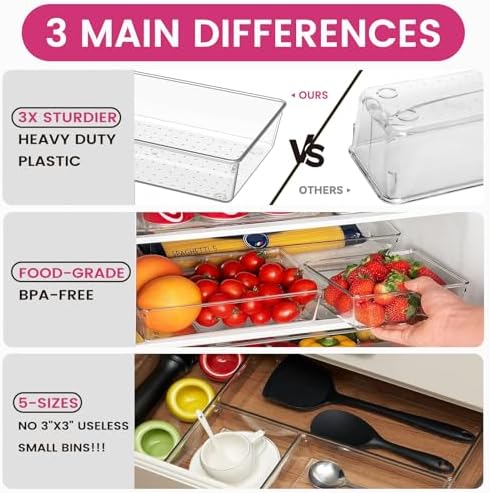 Criusia Large Drawer Organizer Bins 26 Pack | Complete 5 Size Clear Plastic Kitchen Drawer Organizers for Utensils | Bathroom Drawer Organizer Trays | Versatile for Makeup Office Organization - Image 5