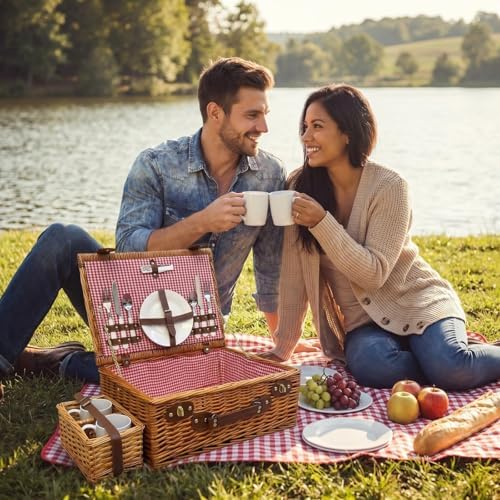 Multifunctional Wicker Picnic Basket Set for 2 Adults with Blankets & Cup - Image 2