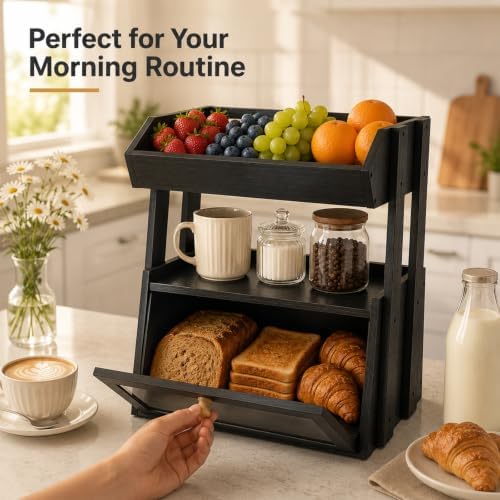 3-Tier Bamboo Bread Box for Kitchen Countertop with Fruit Basket - Image 3