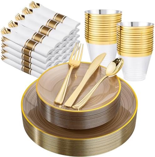 Morejoy 175PCS Clear Brown Plastic Plates,Disposable Gold Party Plates by Morejoy