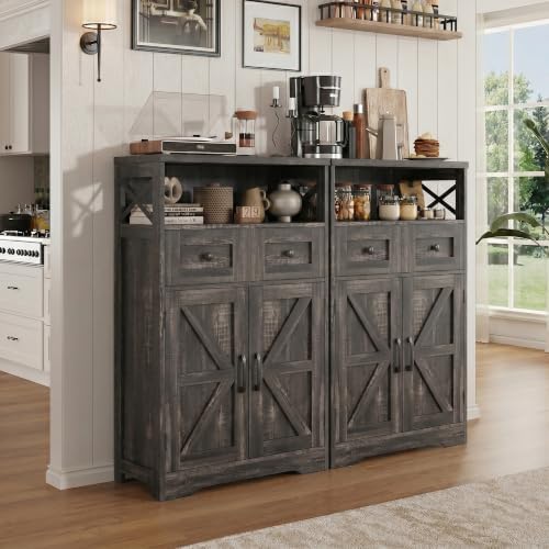 Farmhouse Storage Cabinet Set of 2, Small Kitchen Pantry Coffee Bar Cabinet - Image 2