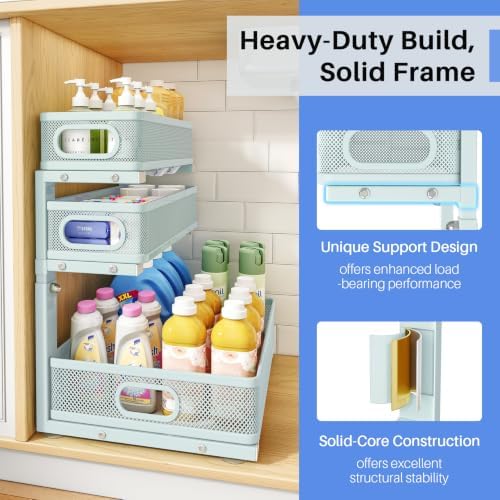 Under Sink Organizer, 3-Tier Thickened Metal Pull out Cabinet Organizer Shelf, Height Adjustable Slide out Storage Drawer Rack for Kitchen Bathroom Pantry Laundry Home, 2-Pack, LightBlue - Image 6
