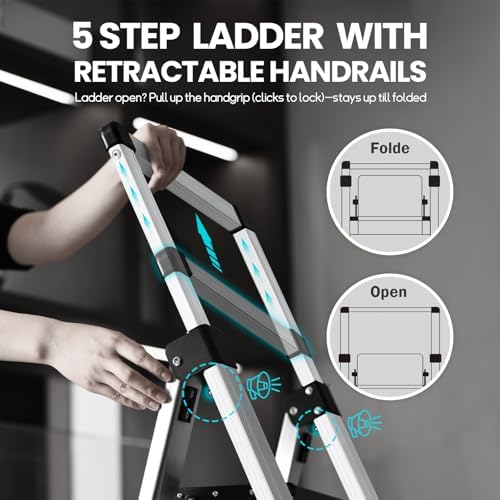 XinSunho 5 Step Ladder, Aluminum with Retractable Handrail, 330lbs Capacity - Image 3