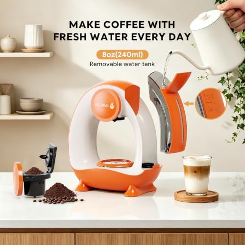 Single Serve Coffee Maker For K Cup Pod and Coffee Grounds /Tea, Fast Brew in 2 minutes, 2 IN 1 One Button Coffee Machine 4-8 Oz Brew Sizes, Stylish＆Compact For Home, Office, RV and Dorm (Orange) - Image 5