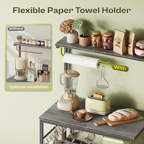 Huuger 4-Tier Bakers Rack with Reversible Power Outlet, 23.6 Inch Microwave Stand, Kitchen Coffee Bar, with Top Shelf, 6 S Hooks, Grey - Image 6